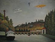 View of the Pont Sevres and the Hills of Clamart, Saint-Cloud, and Bellevue with Biplane, Ballon and Dirigible By Henri Rousseau